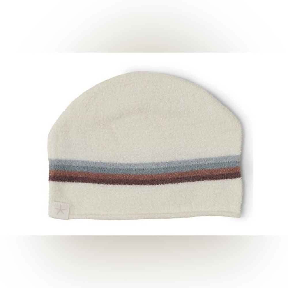 Barefoot Dreams infant cozychic Cream Hat with Blue and Brown Accents